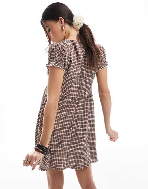 Daisy Street mini smock dress in brown check 