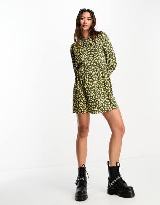 Daisy Street mini smock dress in grunge yellow ditsy-Multi