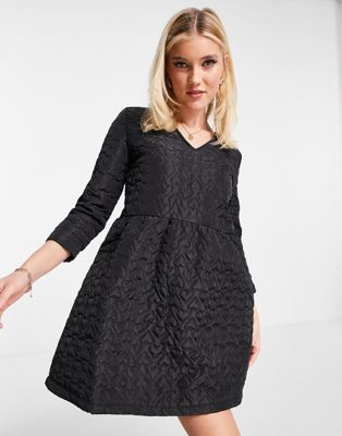 Daisy Street mini smock dress in quilted heart jacquard-Black