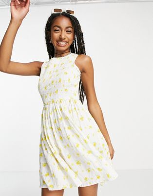 Daisy Street mini smock dress with shirring detail in white yellow ditsy floral - ASOS Price Checker