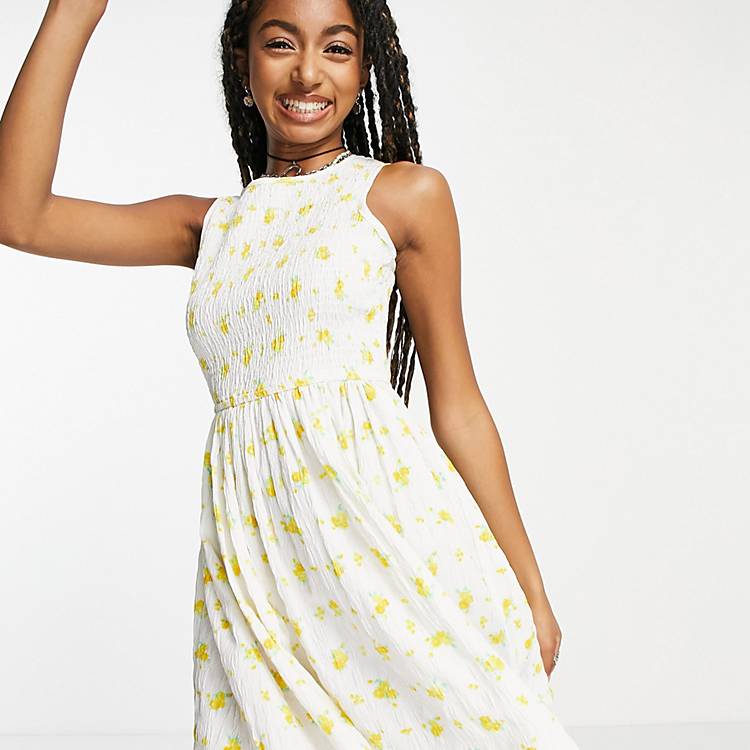 Daisy Street mini smock dress with shirring detail in white yellow ditsy  floral