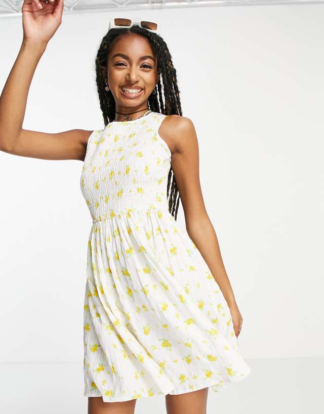 Daisy Street mini smock dress with shirring detail in white yellow ditsy floral