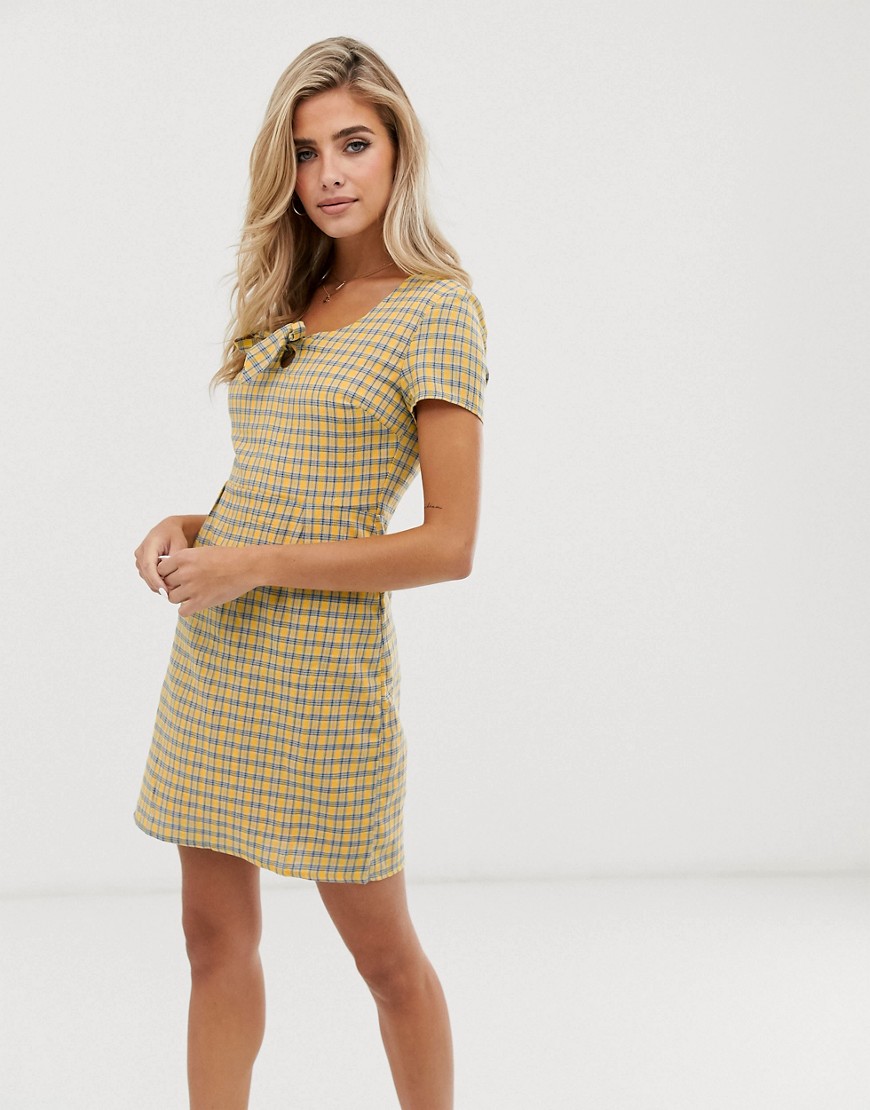 Daisy Street mini tea dress with bow front in check-Yellow