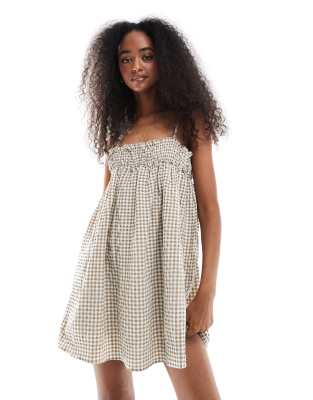 Daisy Street - Minikleid mit braunem Vichy-Karomuster und gesmoktem Bandeau-Teil-Neutral