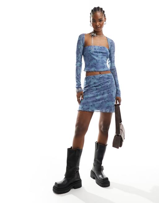 Daisy Street - Minirok van mesh met strikdetail en bloemenprint in blauw, deel van co-ord set