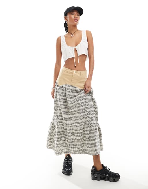 Daisy Street mixed midi prairie skirt in check
