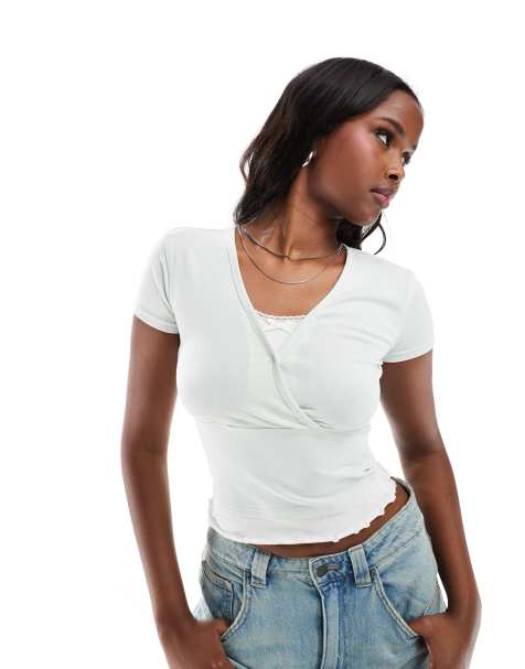 Daisy Street mock layered fixed wrap over top in mint - view 1
