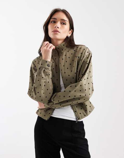 Daisy Street mock neck cinched twill jacket in khaki polka dot - view 1