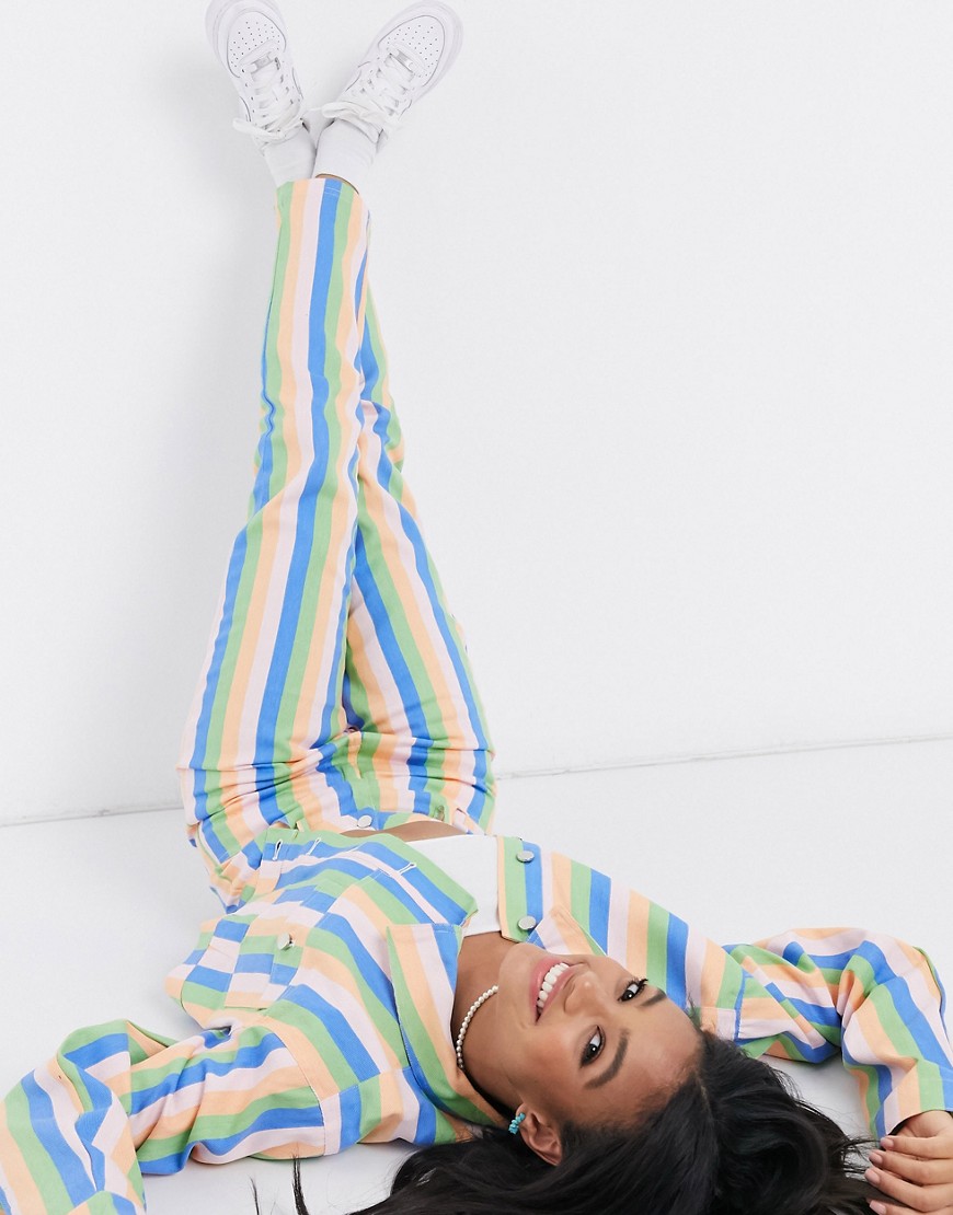 Daisy Street Mom Jeans In Pastel Rainbow Stripe Two-piece-multi
