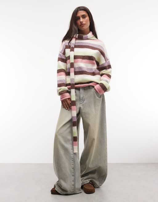 Daisy Street multi stripe roll detail neck crop jumper in chunky knit stripe, 2 of 4