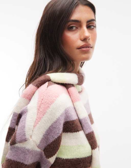 Daisy Street multi stripe roll detail neck crop jumper in chunky knit stripe, 3 of 4