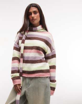 Daisy Street Multi Stripe Roll Detail Neck Cropped Sweater In Pink