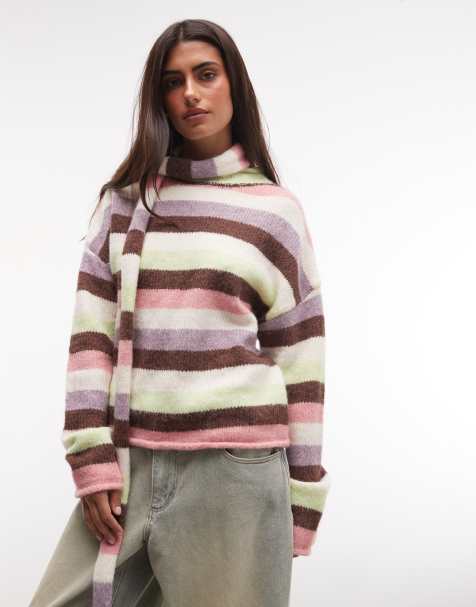 Daisy Street multi stripe roll detail neck cropped sweater in chunky knit stripe - view 1