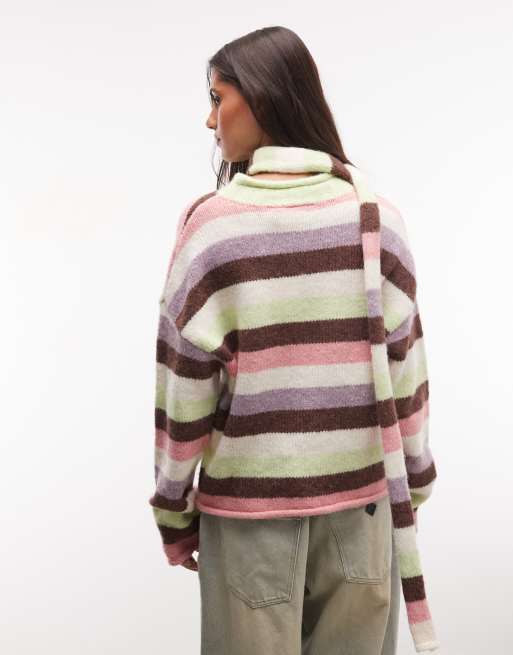 Daisy Street multi stripe roll detail neck cropped sweater in chunky knit stripe, 4 of 4