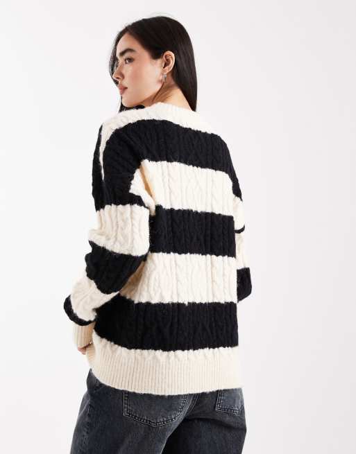 Daisy Street – Naturvit och svart, randig, flätstickad tröja i oversize, 3 av 4