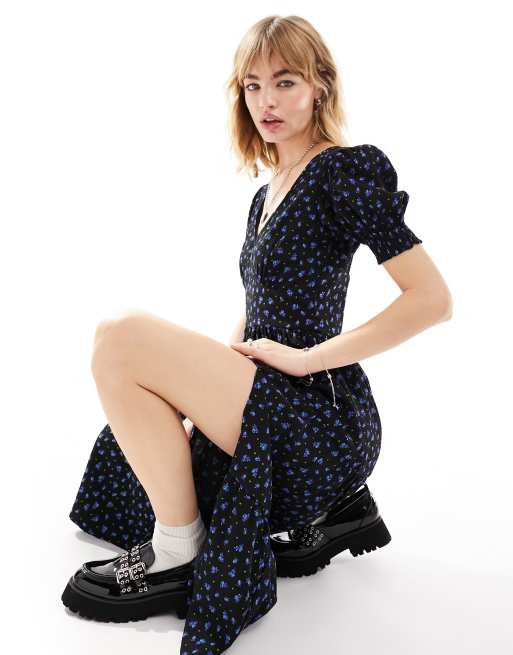 Daisy Street - Nette midi-jurk met V-hals en fijne print in zwart en blauw