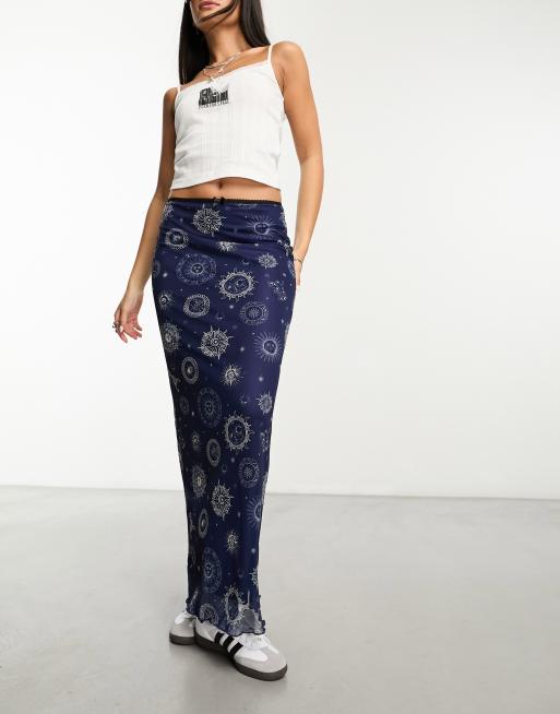 Daisy Street Netzstoff Maxirock in Blau mit Print Mix