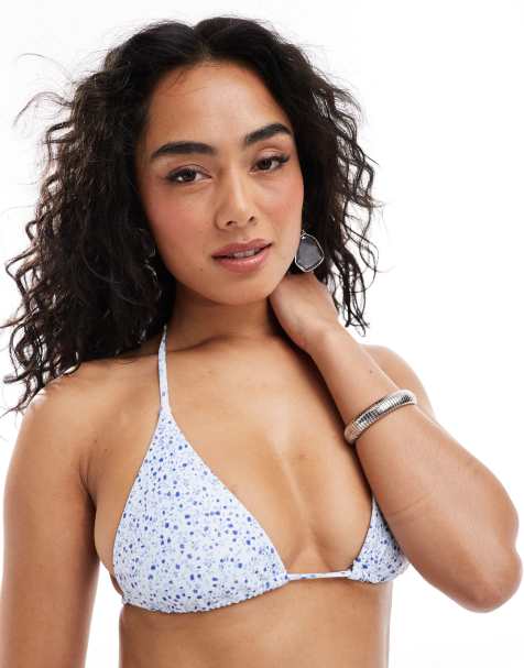 Daisy Street triangle tie neck bikini top in blue ditsy floral