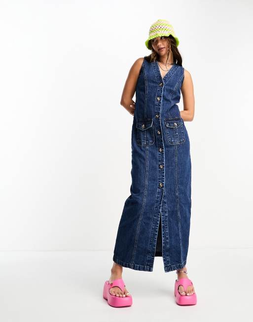 Daisy Street – Niebieska jeansowa sukienka maxi w stylu lat 90.
