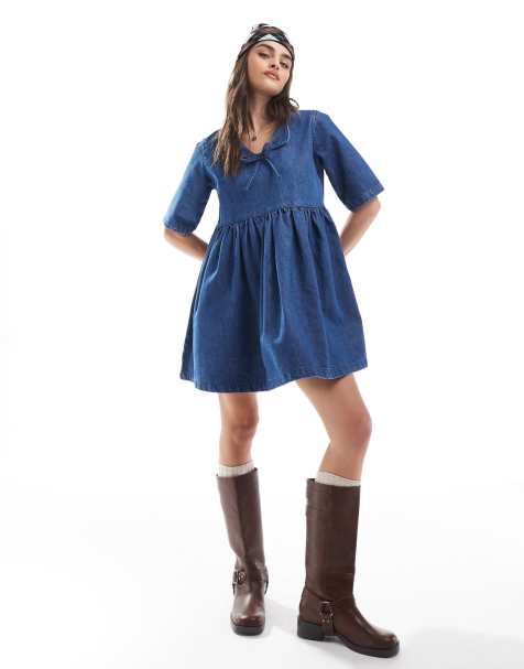 Daisy Street – Niebieska luźna sukienka jeansowa mini w stylu vintage - view 1