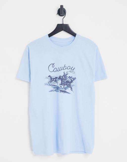 Daisy Street – Niebieski T-shirt z grafiką z motywem kowboja w stylu retro