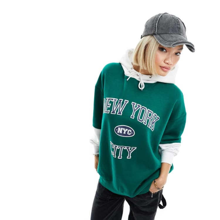 Daisy Street NY oversized double layer hoodie in green and white