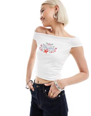 off shoulder embroidered crop top in white