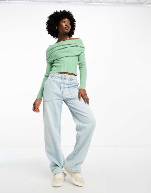 Daisy Street off shoulder fitted jumper in green knit