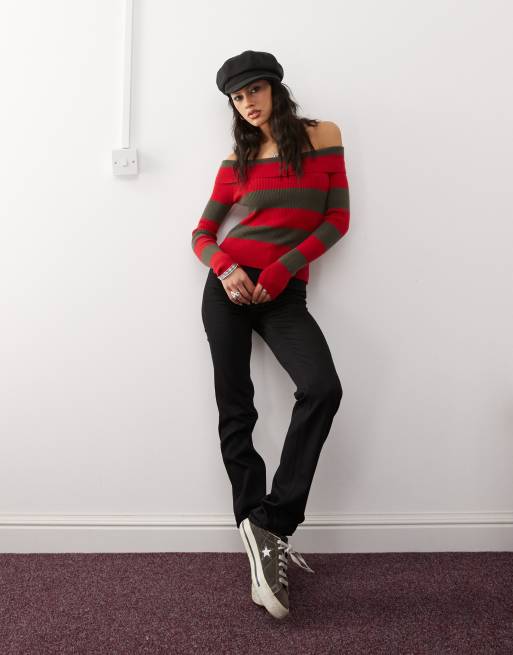 Daisy Street off shoulder knit top in red and charcoal stripe, 2 of 4