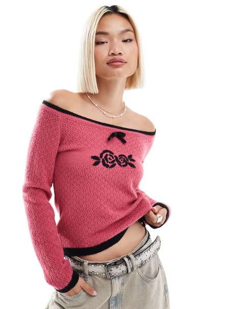 Daisy Street off shoulder pointelle knit top with floral logo in pink - view 1