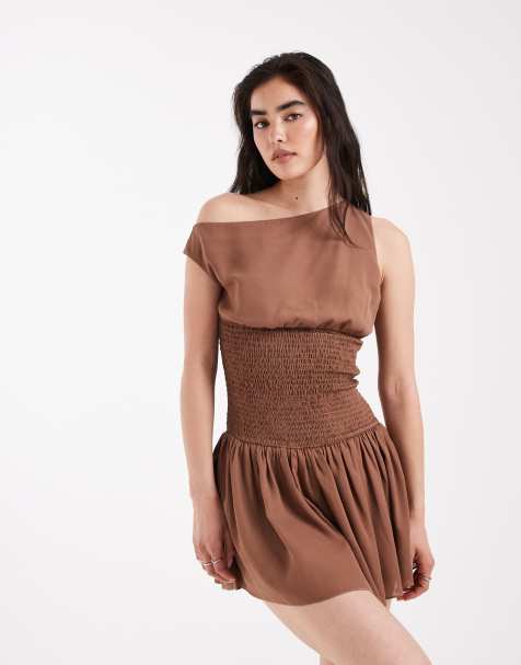 Daisy Street off the shoulder boho georgette shirred detail mini dress in brown - view 1