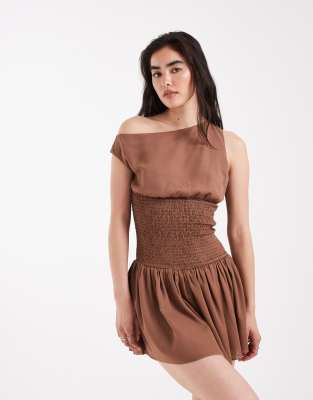 [Daisy Street] Daisy Street off the shoulder boho georgette shirred detail mini dress in brown 16 BROWN