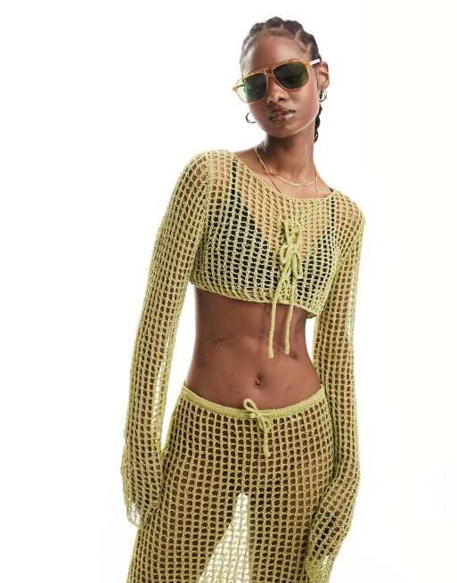 Daisy Street - Opengebreide gehaakte micro crop top met lange mouwen in olijfgroen, deel van co-ord set