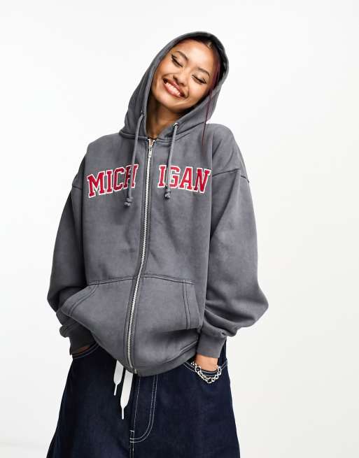 Daisy Street overdye grey zip hoodie with Michigan graphic