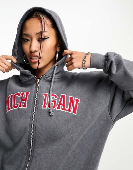 Daisy Street overdye grey zip hoodie with Michigan graphic, 3 of 4