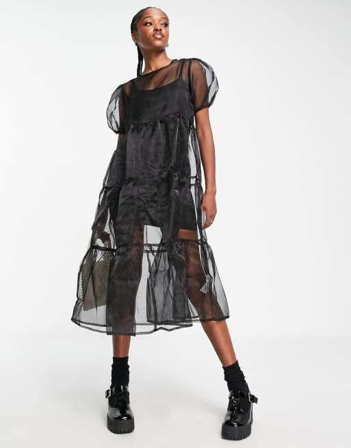 Daisy Street overlay tierred smock dress in black organza ASOS