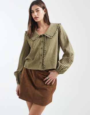 Daisy Street - Oversize-Hemd in Khakibraun kariert mit Kragen-Brown