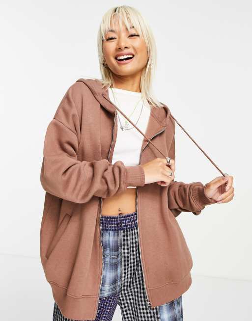 Daisy Street – Oversize-Kapuzenjacke mit Reißverschluss vorne in Braun