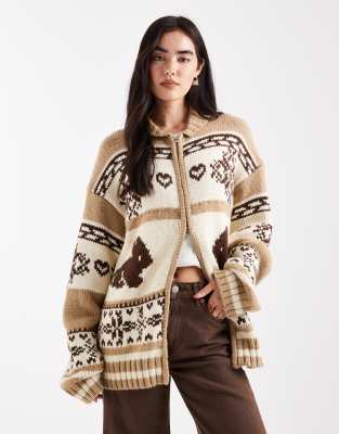 Daisy Street - Oversize-Strickjacke in Braun-Bunt mit Häschen-Motiv und Reißverschluss-Brown