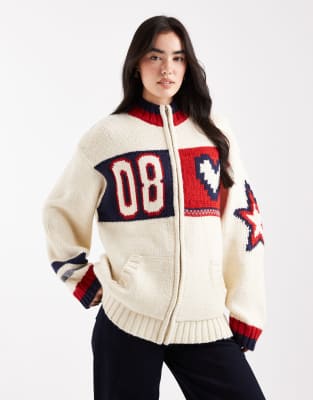 Daisy Street - Oversize-Strickjacke in Cremeweiß-Bunt mit sportlichem Motiv und Reißverschluss