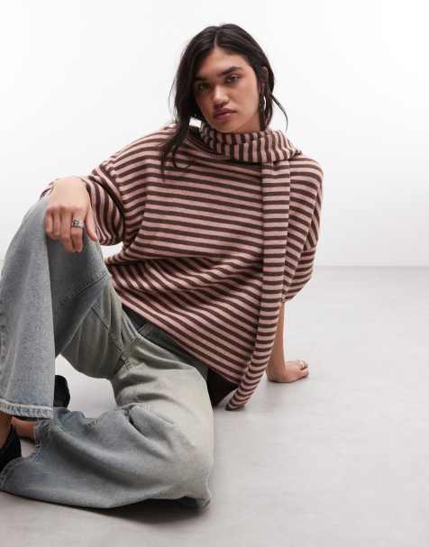 Daisy Street oversize sweter dzianinowy w paski z kołnierzykiem w brązie i różu - view 1
