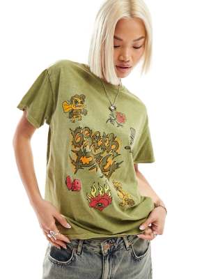 Daisy Street - Oversize-T-Shirt in verwaschenem Grün mit „Green Day"-Print