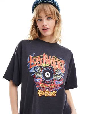 Daisy Street - Oversize-T-Shirt in verwaschenem Schwarz mit Los Angeles-Grafik