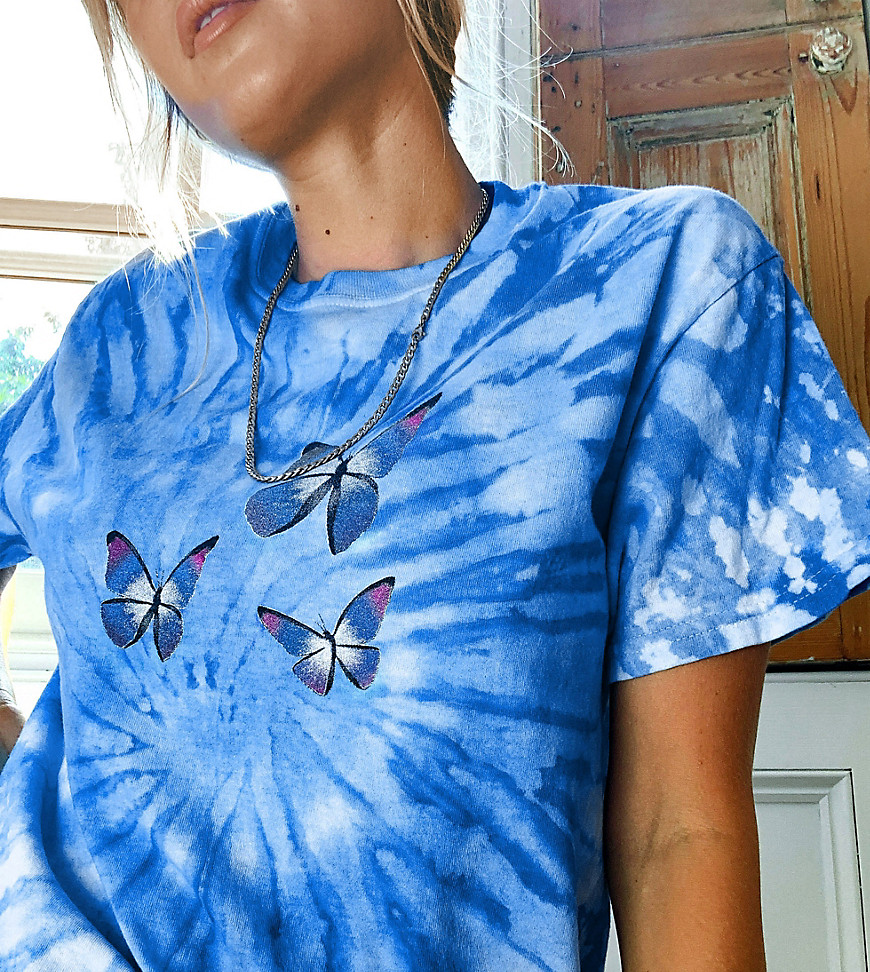 daisy street -  – Oversize-T-Shirt mit Batikmuster und verträumtem Schmetterlings-Print-Blau