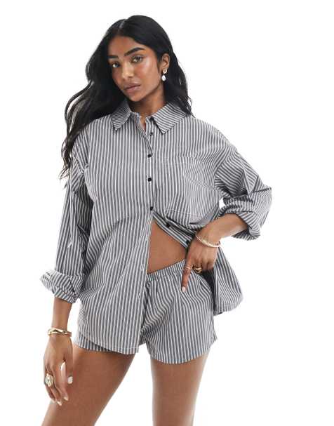 Daisy Street oversized boxy fit shirt in black white stripe (part of a set) - view 1