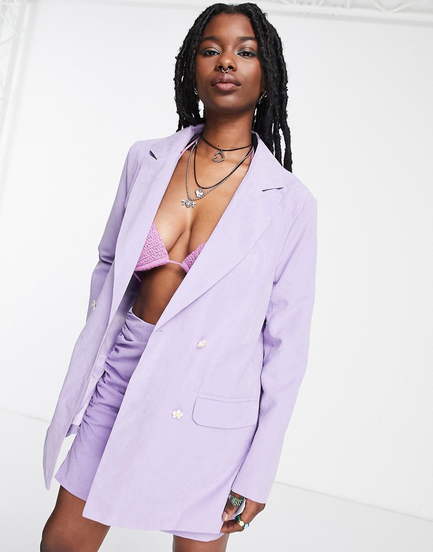 Daisy Street oversized boyfriend blazer with retro floral buttons in lilac co-ord-Purple