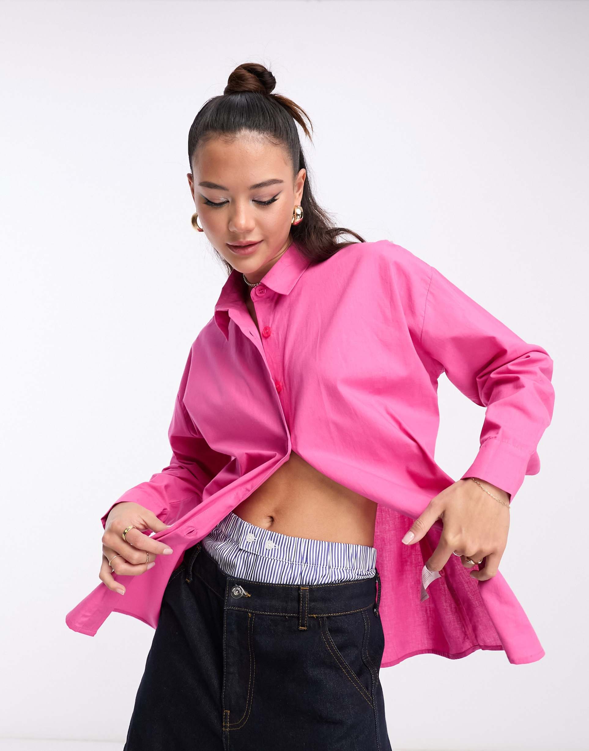 daisy street oversized boyfriend shirt in bright pink