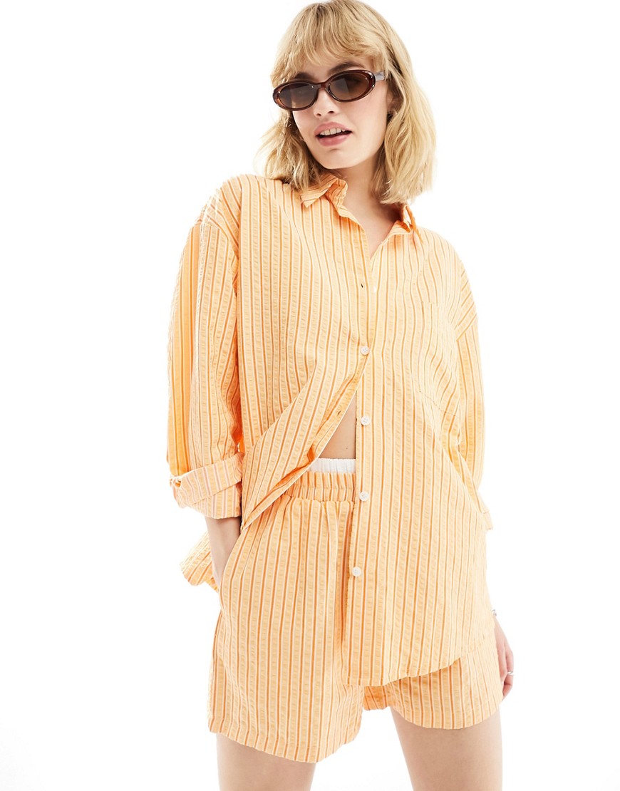 Daisy Street Oversized Boyfriend Shirt In Orange Textured Stripe - Part Of A Set