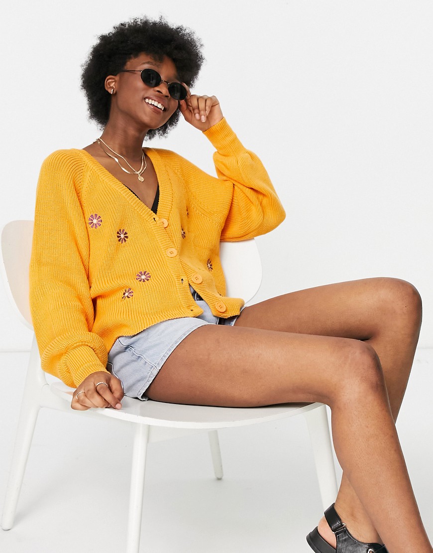 Daisy Street oversized cardigan with daisy embroidery in knit co-ord-Yellow