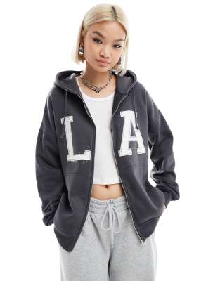 Shop Daisy Street oversized charcoal applique zip up hoodie Online – Trendy & Affordable Fashion